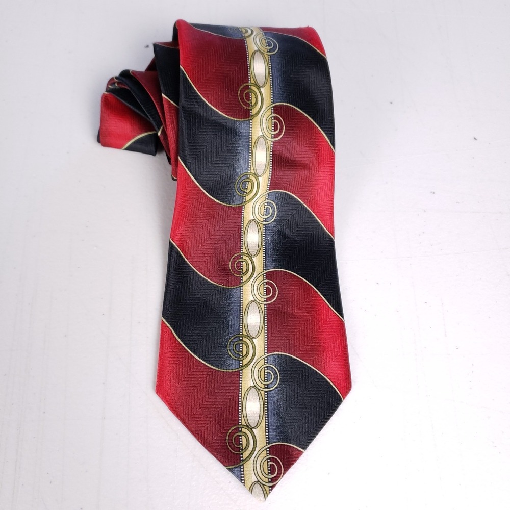Umo Lorenzo Necktie Bold Wave Print Red Black‎ Retro Luxe Power Tie